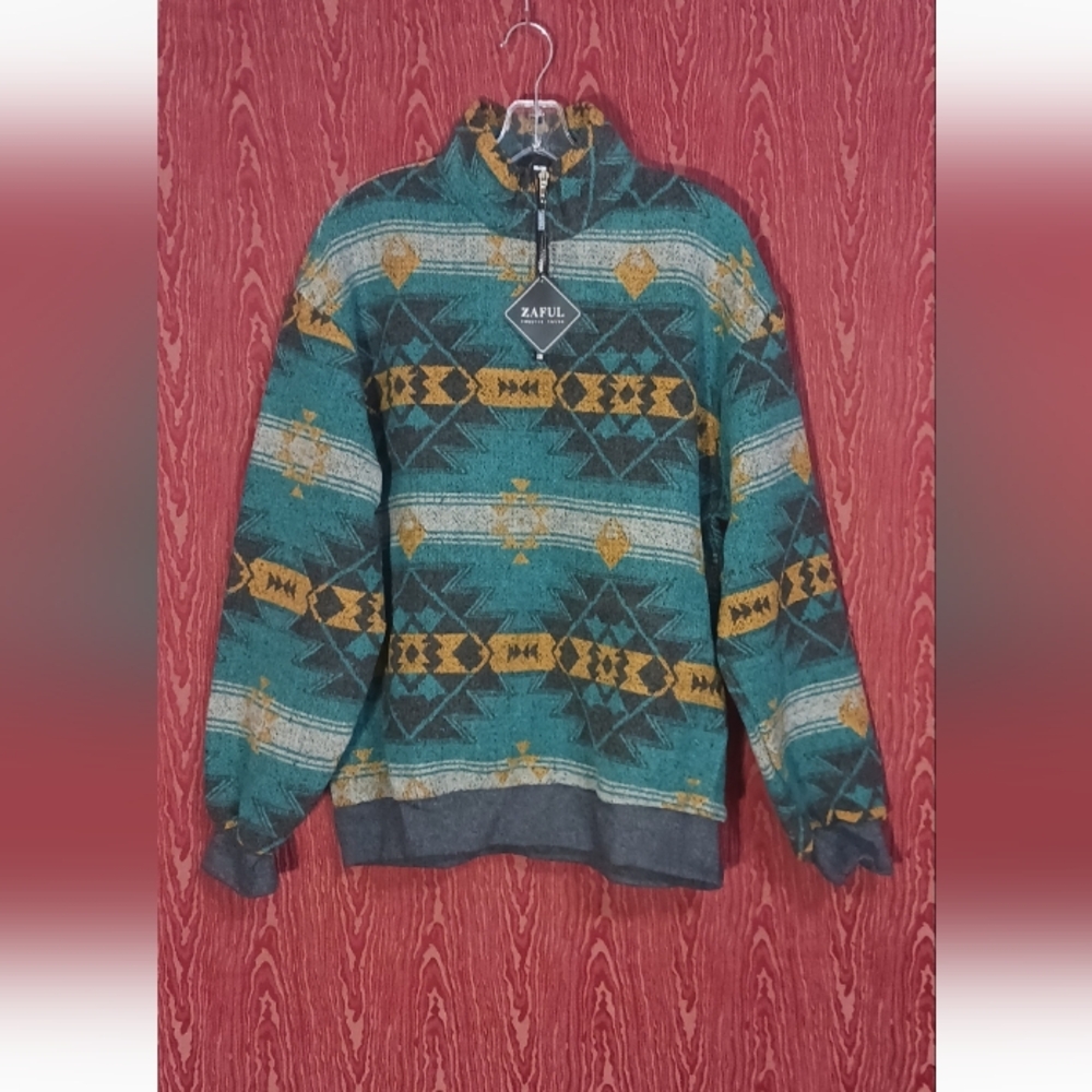 ZAFUL Teal/Gold Patterned Ethnic Aztec Jacquard Sweatshirt 1/2 Zip Sz Large